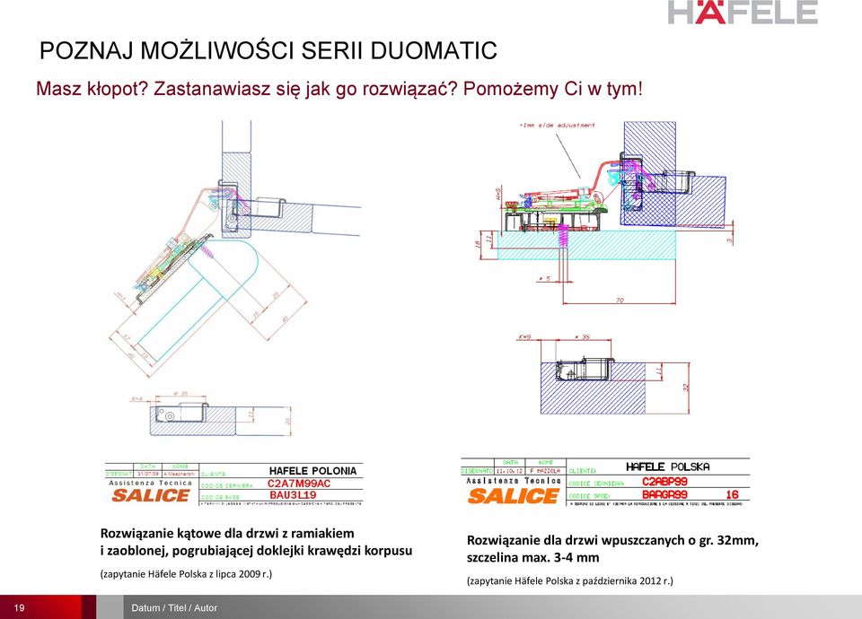 Rozwiązanie kątowe dla drzwi z ramiakiem i zaoblonej, pogrubiającej doklejki krawędzi korpusu