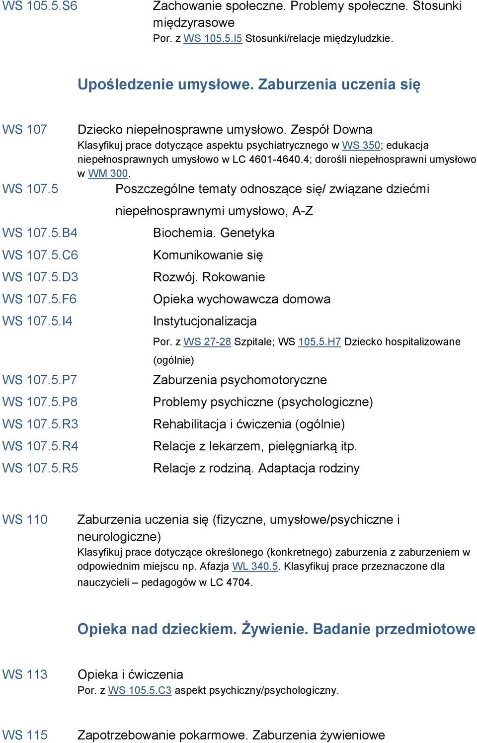 Zespół Downa Klasyfikuj prace dotyczące aspektu psychiatrycznego w WS 350; edukacja niepełnosprawnych umysłowo w LC 4601-4640.4; dorośli niepełnosprawni umysłowo w WM 300.