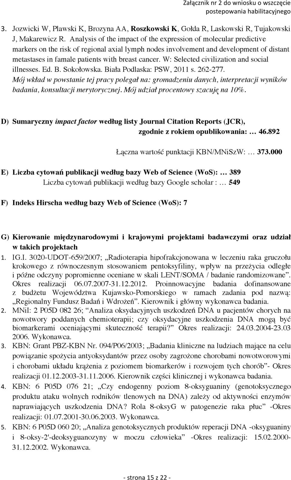 cancer. W: Selected civilization and social illnesses. Ed. B. Sokołowska. Biała Podlaska: PSW, 2011 s. 262-277.