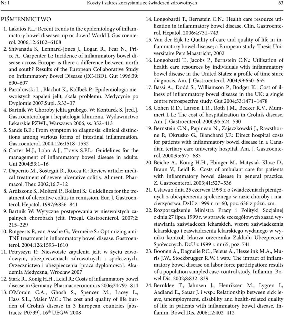 Results of the European Collaborative Study on Inflammatory Bowel Disease (EC-IBD). Gut 1996;39: 690 697 3. Paradowski L., Błachut K., Kollbek P.