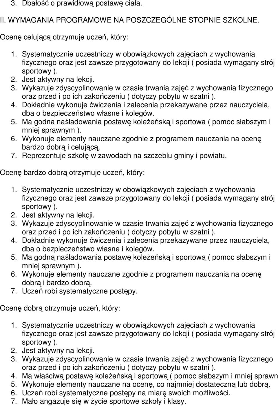 Wykazuje zdyscyplinowanie w czasie trwania zajęć z wychowania fizycznego oraz przed i po ich zakończeniu ( dotyczy pobytu w szatni ). 4.