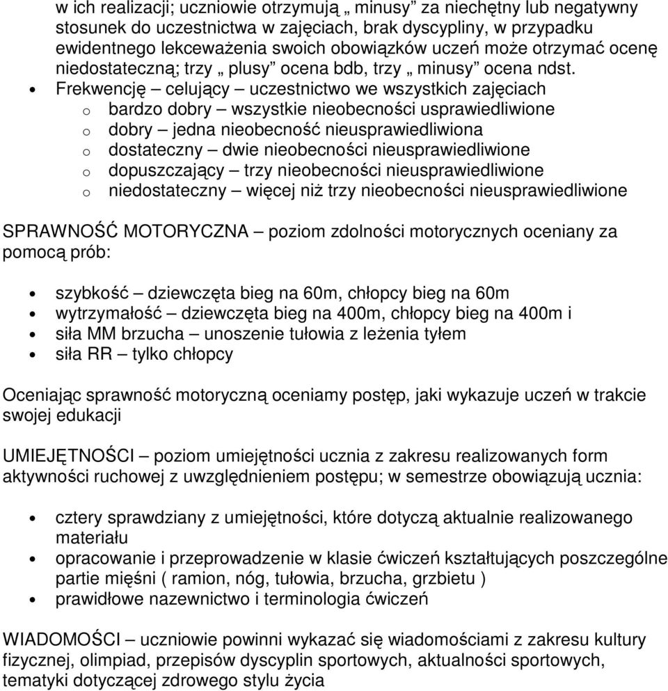 Frekwencję celujący uczestnictwo we wszystkich zajęciach o bardzo dobry wszystkie nieobecności usprawiedliwione o dobry jedna nieobecność nieusprawiedliwiona o dostateczny dwie nieobecności