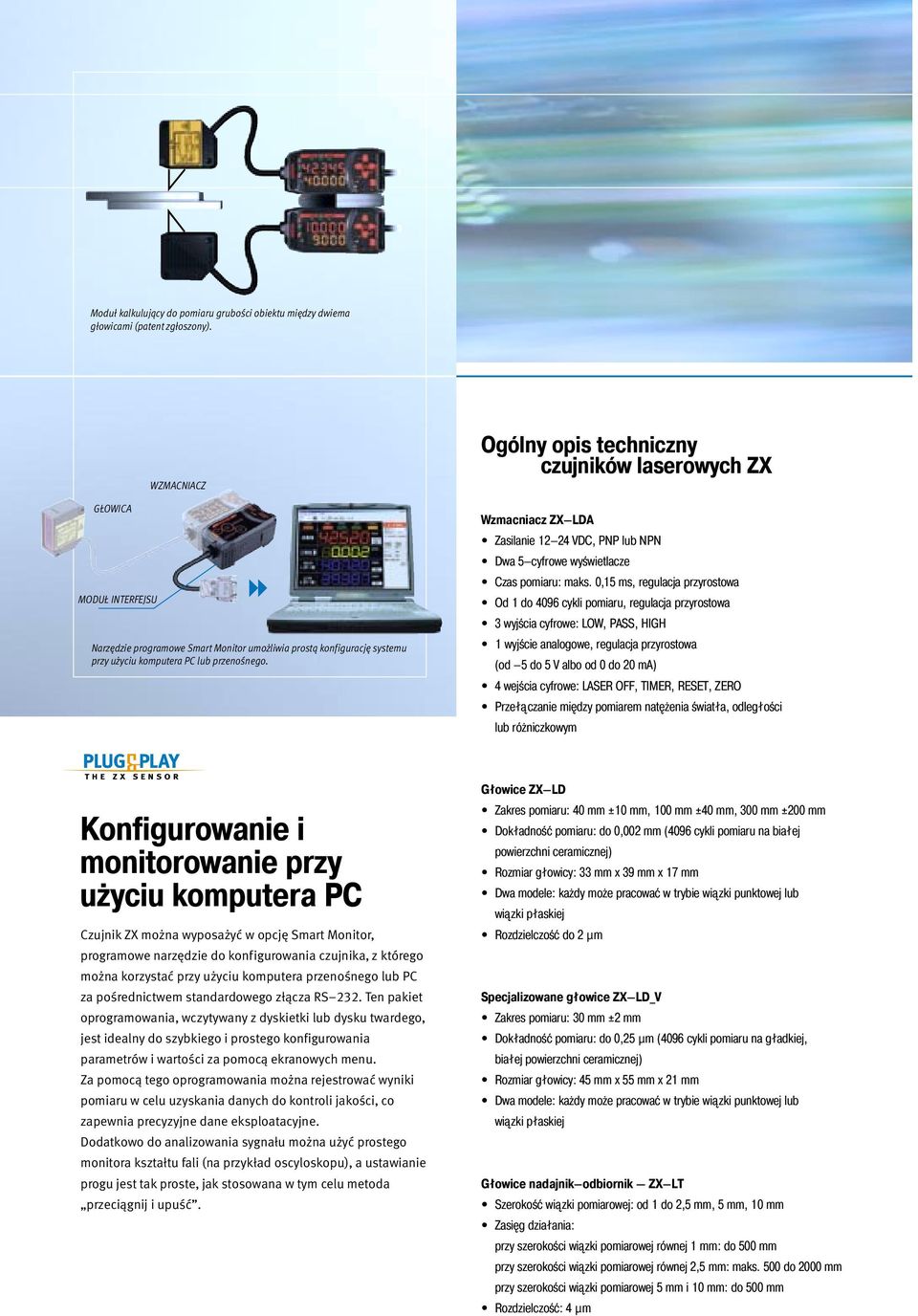 Ogólny opis techniczny czujników laserowych ZX Wzmacniacz ZX LDA Zasilanie 12 24 VDC, PNP lub NPN Dwa 5 cyfrowe wyświetlacze Czas pomiaru: maks.