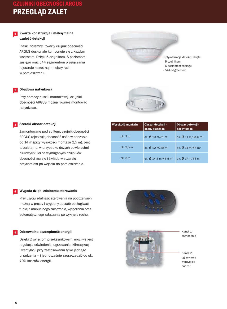 Optymalizacja detekcji dzięki: - 5 czujnikom - 6 poziomom zasięgu - 544 segmentom 2 Obudowa natynkowa Przy pomocy puszki montażowej, czujniki obecności ARGUS można również montować natynkowo.