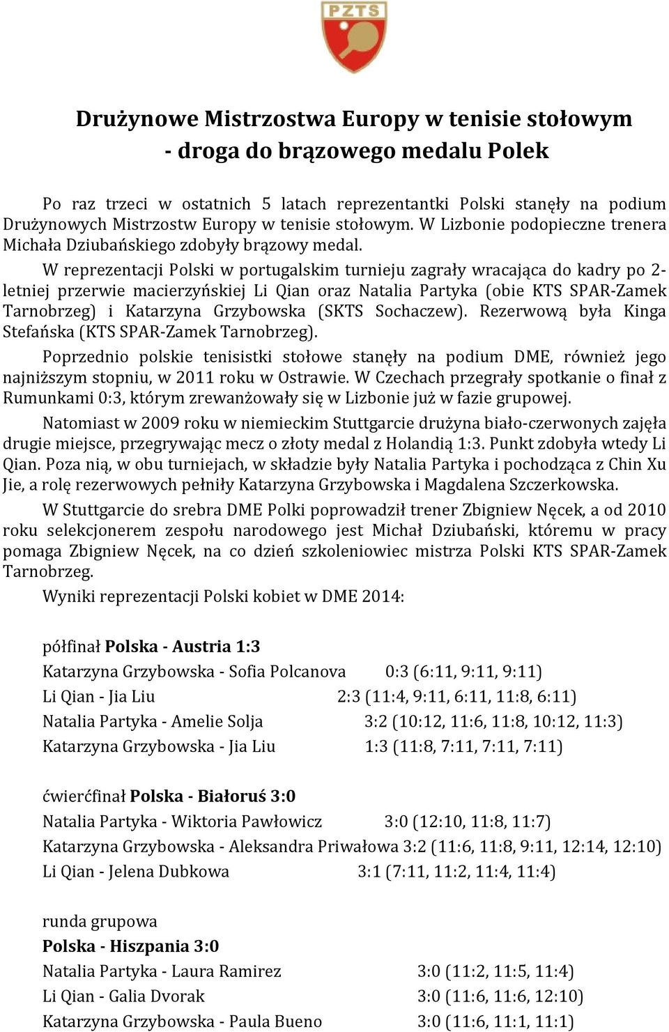W reprezentacji Polski w portugalskim turnieju zagrały wracająca do kadry po 2- letniej przerwie macierzyńskiej Li Qian oraz Natalia Partyka (obie KTS SPAR-Zamek Tarnobrzeg) i Katarzyna Grzybowska