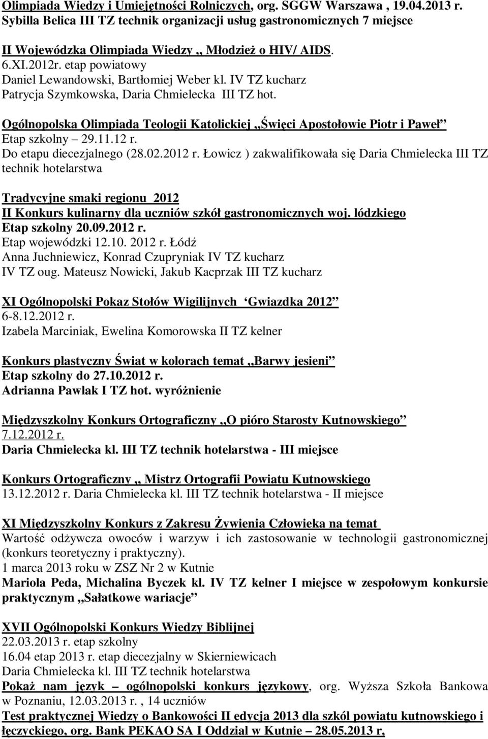 IV TZ kucharz Patrycja Szymkowska, Daria Chmielecka III TZ hot. Ogólnopolska Olimpiada Teologii Katolickiej Święci Apostołowie Piotr i Paweł Etap szkolny 29.11.12 r. Do etapu diecezjalnego (28.02.