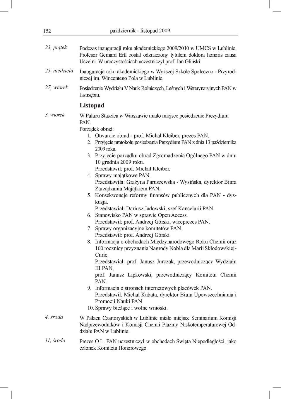 27, wtorek Posiedzenie Wydziału V Nauk Rolniczych, Leśnych i Weterynaryjnych PAN w Jastrzębiu. Listopad 3, wtorek W Pałacu Staszica w Warszawie miało miejsce posiedzenie Prezydium Porządek obrad: 1.