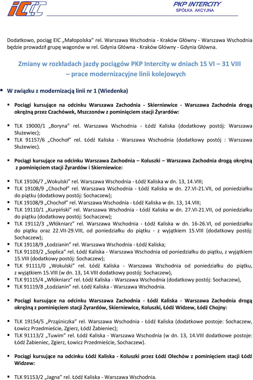 Zachodnia - Skierniewice - Warszawa Zachodnia drogą okrężną przez Czachówek, Mszczonów z pominięciem stacji Żyrardów: TLK 19000/1 Boryna rel.