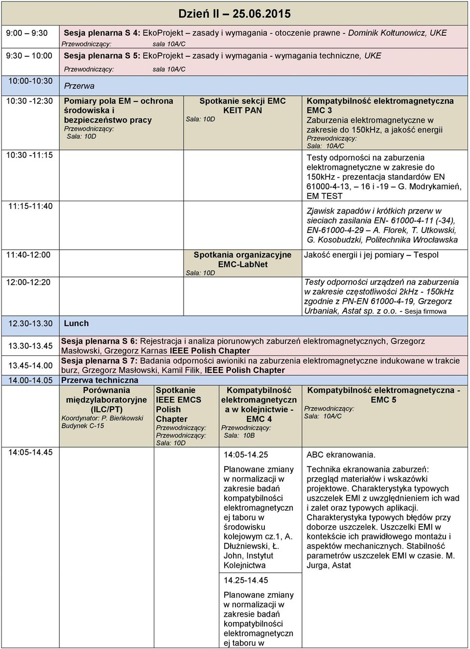 10:00-10:30 Przerwa 10:30-12:30 Pomiary pola EM ochrona środowiska i bezpieczeństwo pracy Spotkanie sekcji EMC KEIT PAN Kompatybilność a EMC 3 Zaburzenia e w zakresie do 150kHz, a jakość energii