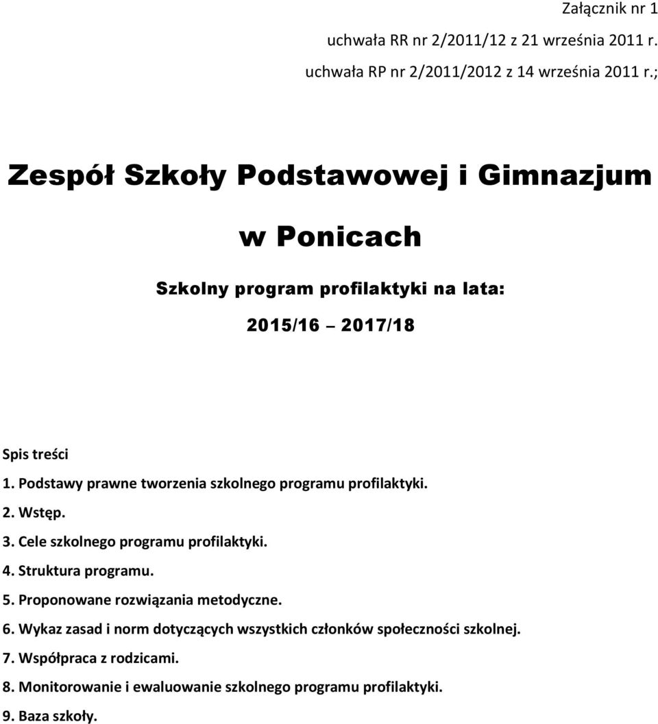 Podstawy prawne tworzenia szkolnego programu profilaktyki. 2. Wstęp. 3. Cele szkolnego programu profilaktyki. 4. Struktura programu. 5.