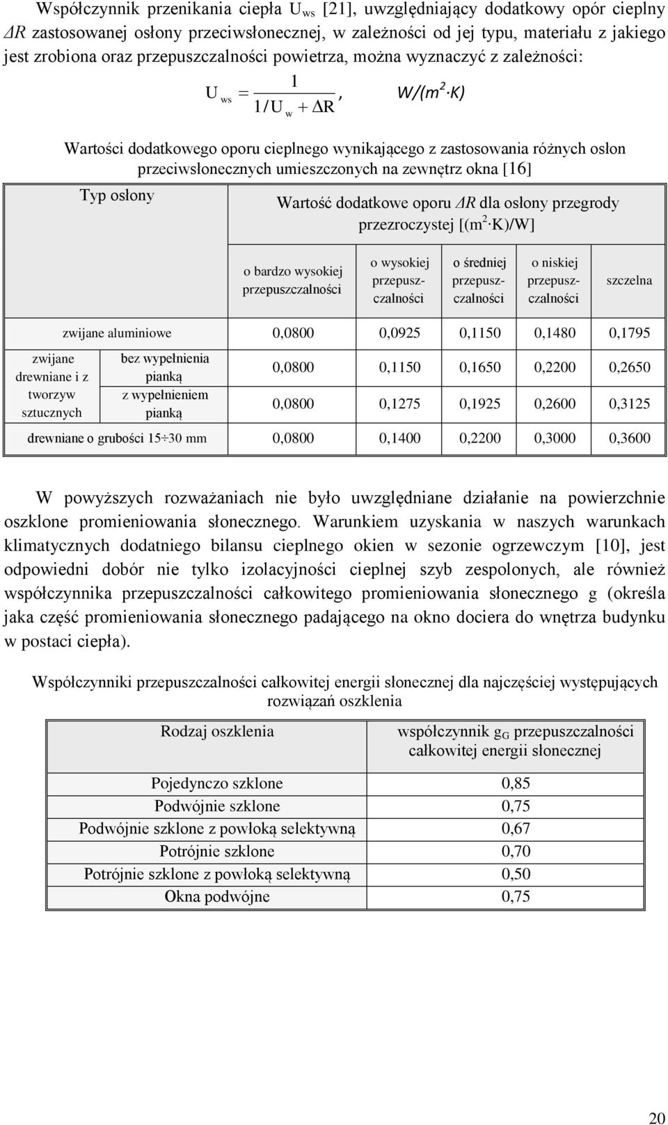 osłony przeroy przezroczysej [(m 2 K)/W] o barzo ysokiej przepuszczalności o ysokiej przepuszczalności o śreniej przepuszczalności o niskiej przepuszczalności szczelna zijane reniane i z orzy