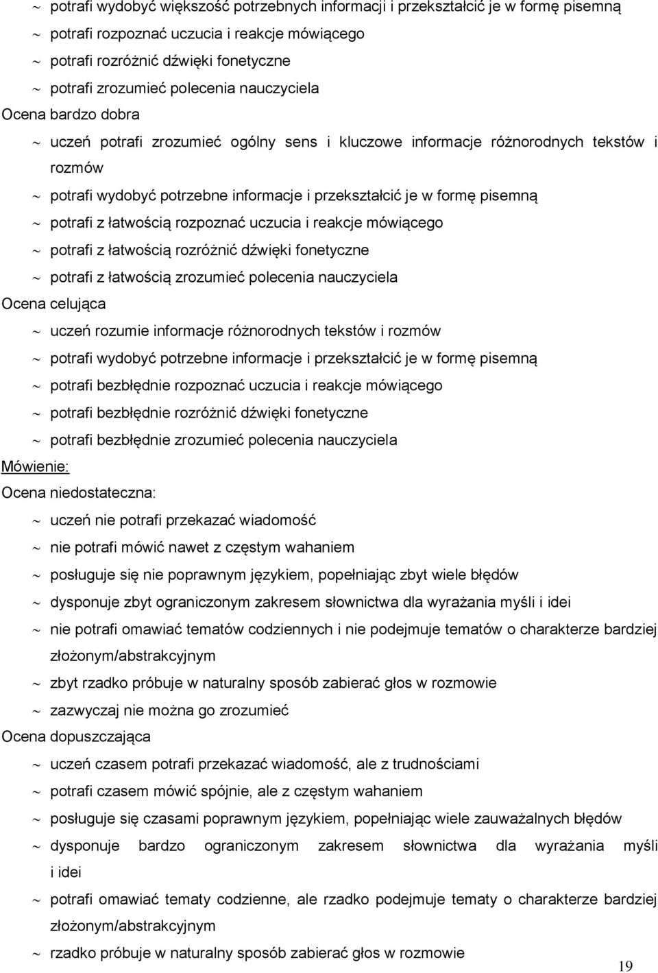 z łatwością rozpoznać uczucia i reakcje mówiącego potrafi z łatwością rozróżnić dźwięki fonetyczne potrafi z łatwością zrozumieć polecenia nauczyciela Ocena celująca uczeń rozumie informacje