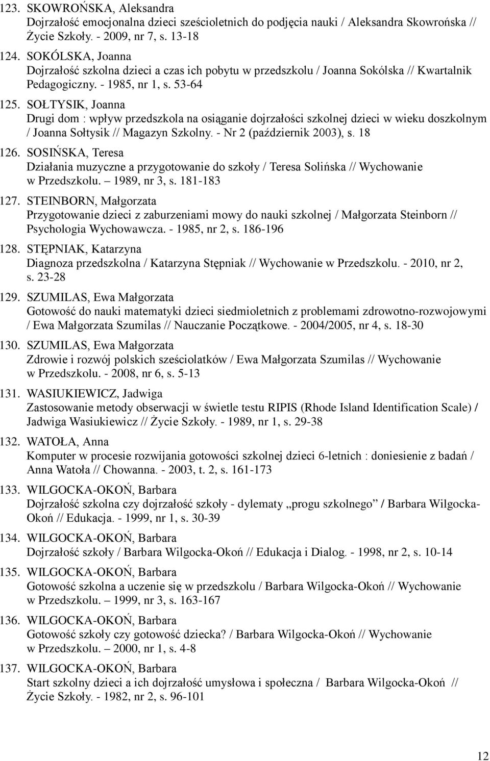 SOŁTYSIK, Joanna Drugi dom : wpływ przedszkola na osiąganie dojrzałości szkolnej dzieci w wieku doszkolnym / Joanna Sołtysik // Magazyn Szkolny. - Nr 2 (październik 2003), s. 18 126.