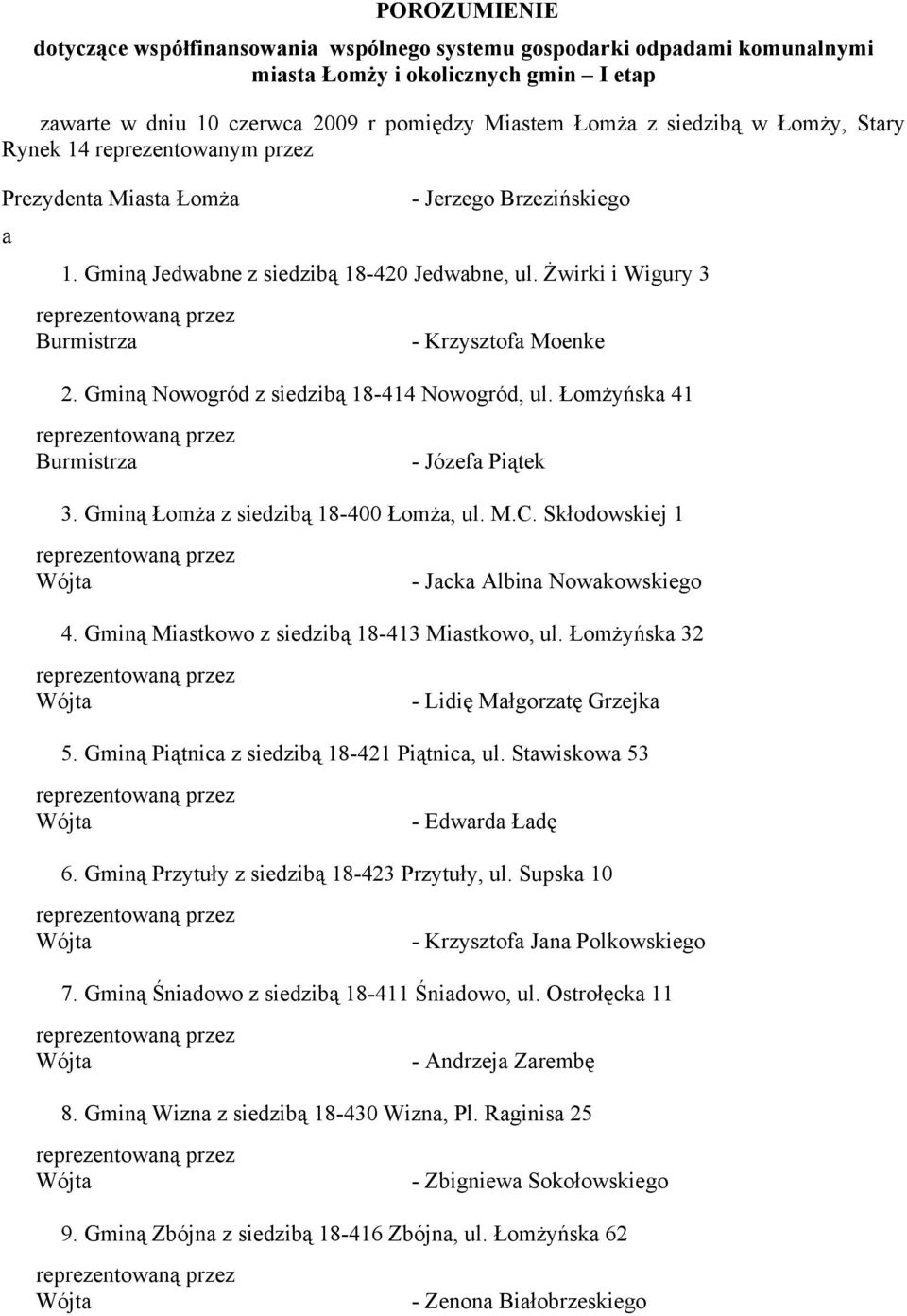 Gminą Nowogród z siedzibą 18-414 Nowogród, ul. Łomżyńska 41 - Józefa Piątek 3. Gminą Łomża z siedzibą 18-400 Łomża, ul. M.C. Skłodowskiej 1 - Jacka Albina Nowakowskiego 4.