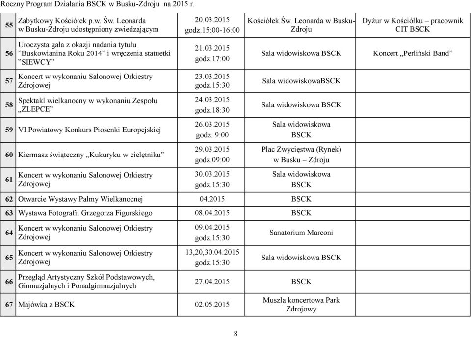 Powiatowy Konkurs Piosenki Europejskiej 60 Kiermasz świąteczny Kukuryku w cielętniku 61 20.03.2015 godz.15:00-16:00 21.03.2015 godz.17:00 23.03.2015 24.03.2015 godz.18:30 26.03.2015 godz. 9:00 29.03.2015 godz.09:00 30.