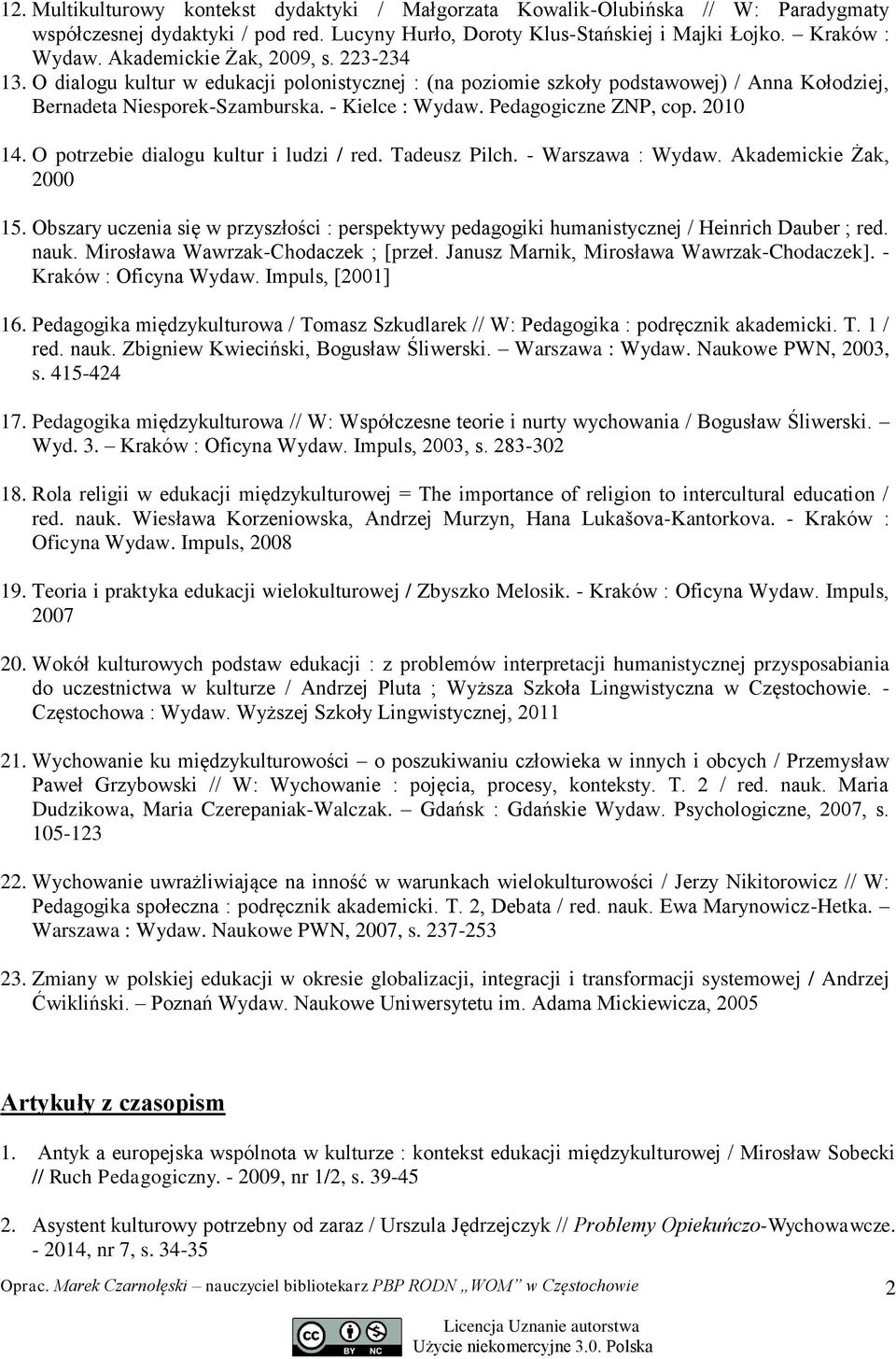 Pedagogiczne ZNP, cop. 2010 14. O potrzebie dialogu kultur i ludzi / red. Tadeusz Pilch. - Warszawa : Wydaw. Akademickie Żak, 2000 15.