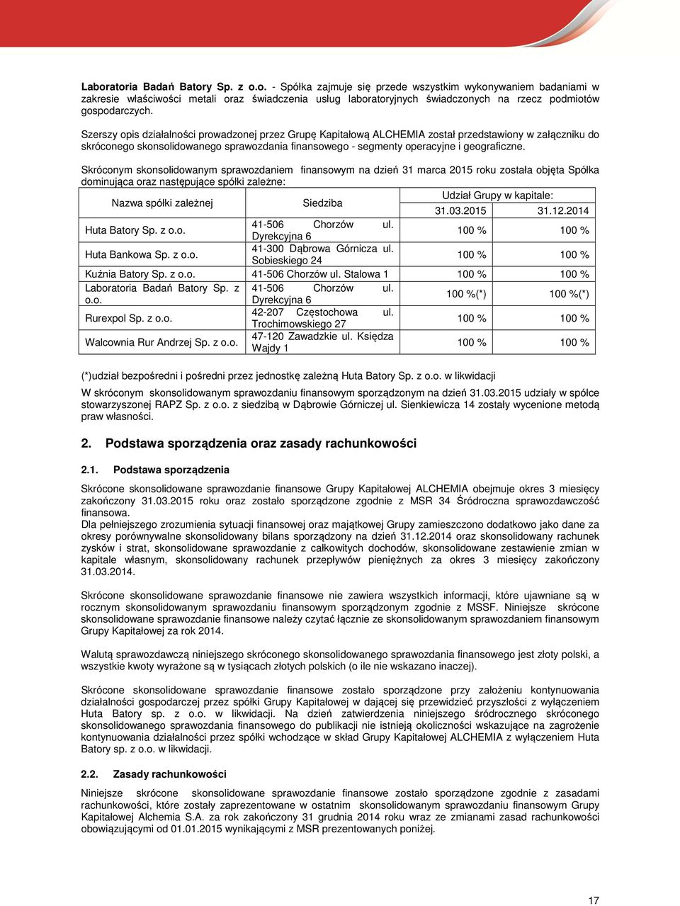 Skróconym skonsolidowanym sprawozdaniem finansowym na dzień 31 marca 2015 roku została objęta Spółka dominująca oraz następujące spółki zależne: Nazwa spółki zależnej Siedziba Udział Grupy w