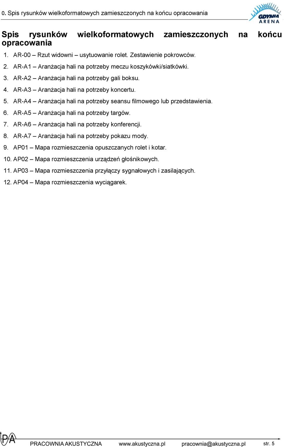 AR-A4 Aranżacja hali na potrzeby seansu filmowego lub przedstawienia. 6. AR-A5 Aranżacja hali na potrzeby targów. 7. AR-A6 Aranżacja hali na potrzeby konferencji. 8.