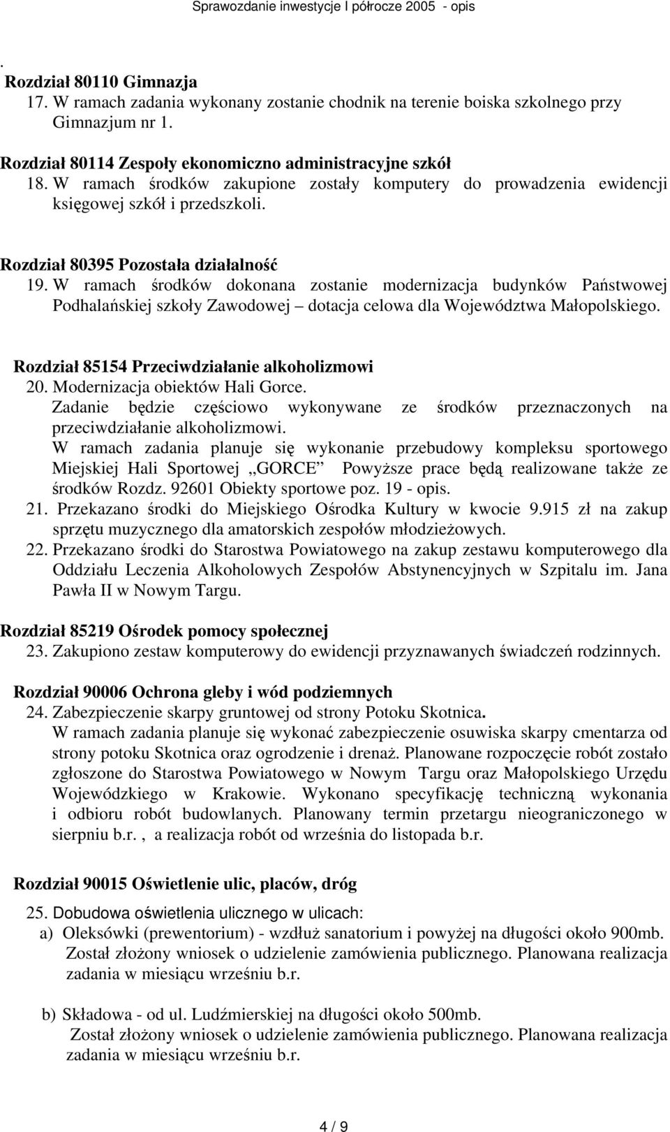 W ramach środków dokonana zostanie modernizacja budynków Państwowej Podhalańskiej szkoły Zawodowej dotacja celowa dla Województwa Małopolskiego. Rozdział 85154 Przeciwdziałanie alkoholizmowi 20.