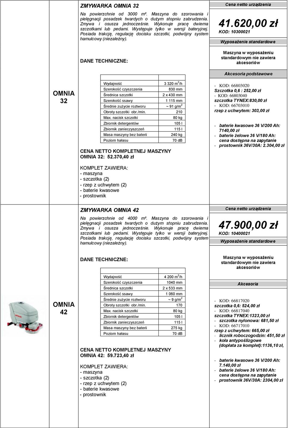 620,00 zł KOD: 10300021 OMNIA 32 Wydajność 3 320 m 2 /h 830 mm 2 x 430 mm 1 115 mm Średnie zużycie roztworu ~ 91 g/m 2 Obroty szczotki obr./min. 210 Max. nacisk szczotki OMNIA 32: 52.