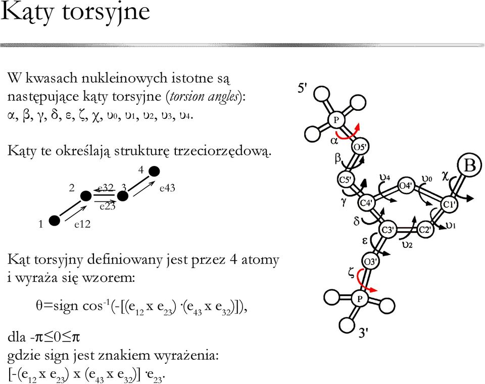 1 e12 4 2 e32 3 e43 e23 Kąt torsyjny definiowany jest przez 4 atomy i wyraża się wzorem: θ=sign cos