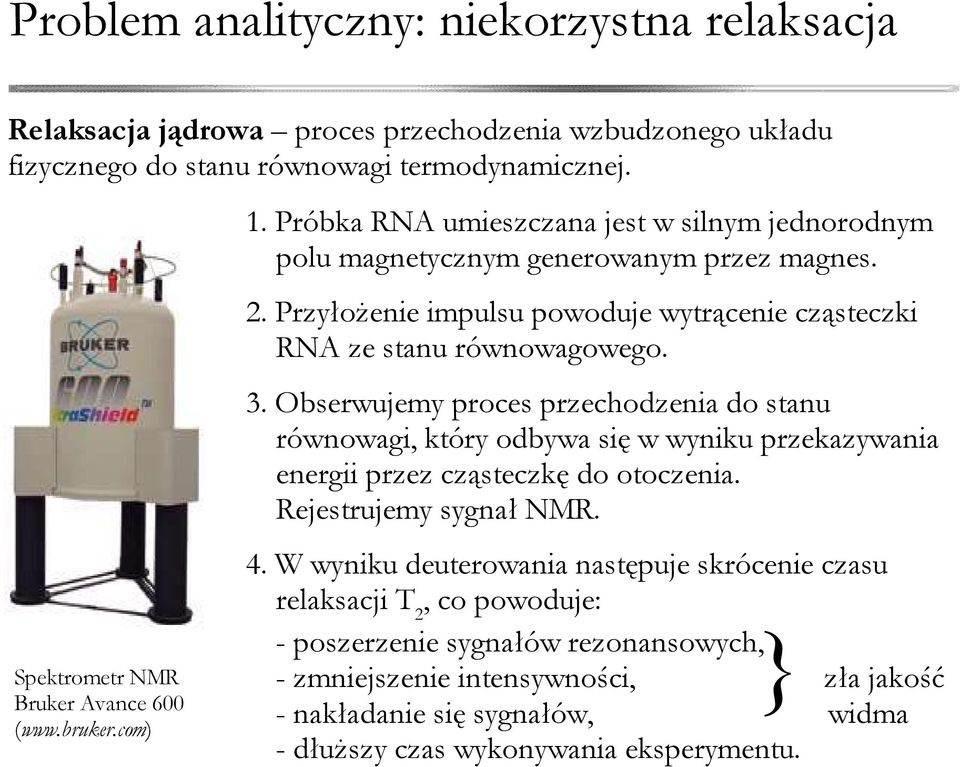 Obserwujemy proces przechodzenia do stanu równowagi, który odbywa się w wyniku przekazywania energii przez cząsteczkę do otoczenia. Rejestrujemy sygnał NMR. 4.