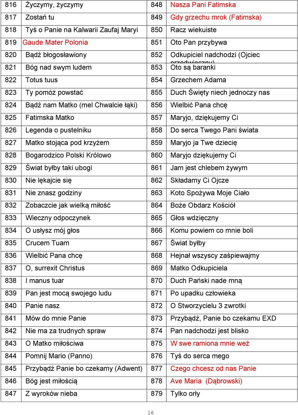 824 Bądź nam Matko (mel Chwalcie łąki) 856 Wielbić Pana chcę 825 Fatimska Matko 857 Maryjo, dziękujemy Ci 826 Legenda o pustelniku 858 Do serca Twego Pani świata 827 Matko stojąca pod krzyżem 859