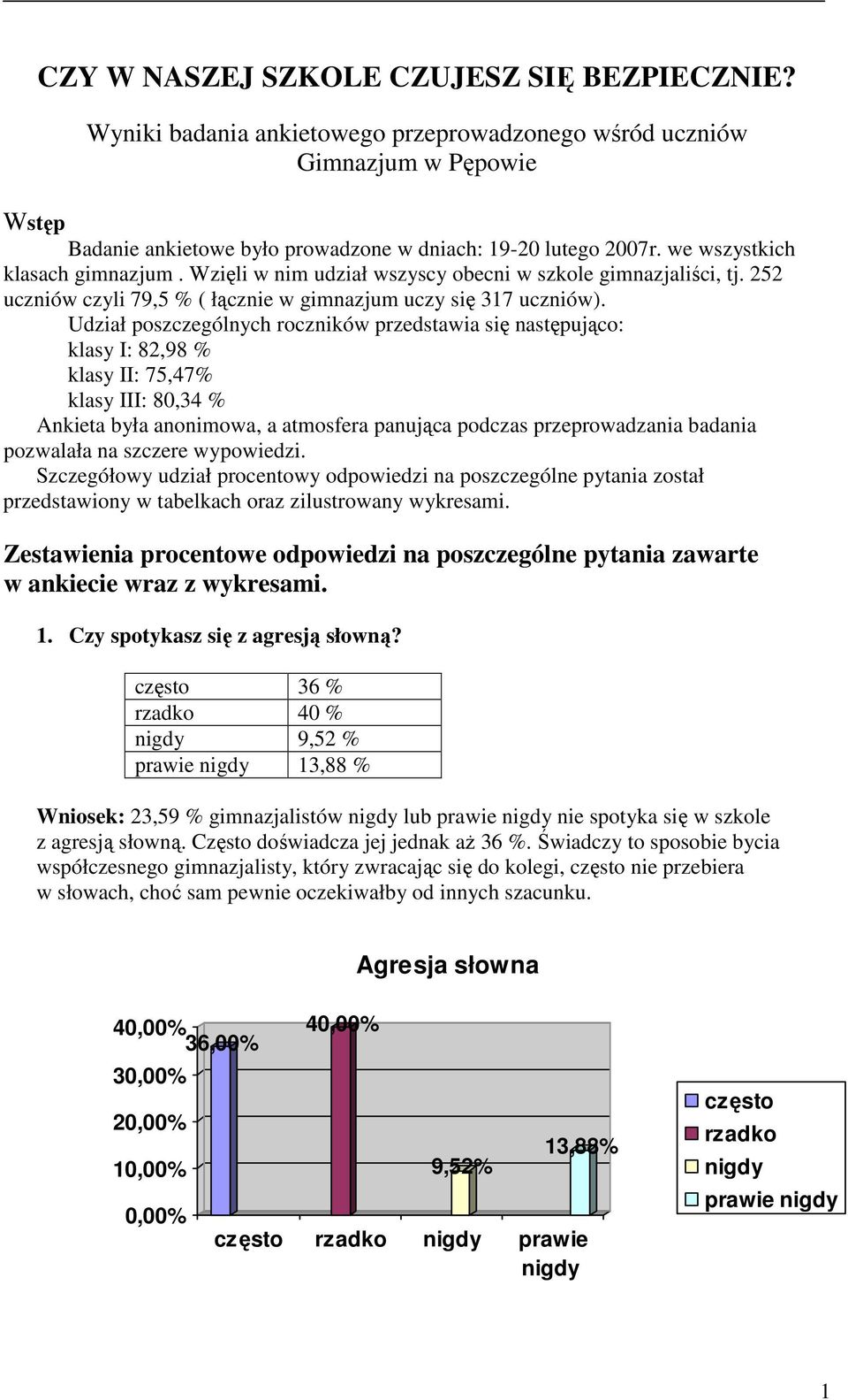 Udział poszczególnych roczników przedstawia się następująco: klasy I: 82,98 % klasy II: 75,47% klasy III: 80,34 % Ankieta była anonimowa, a atmosfera panująca podczas przeprowadzania badania