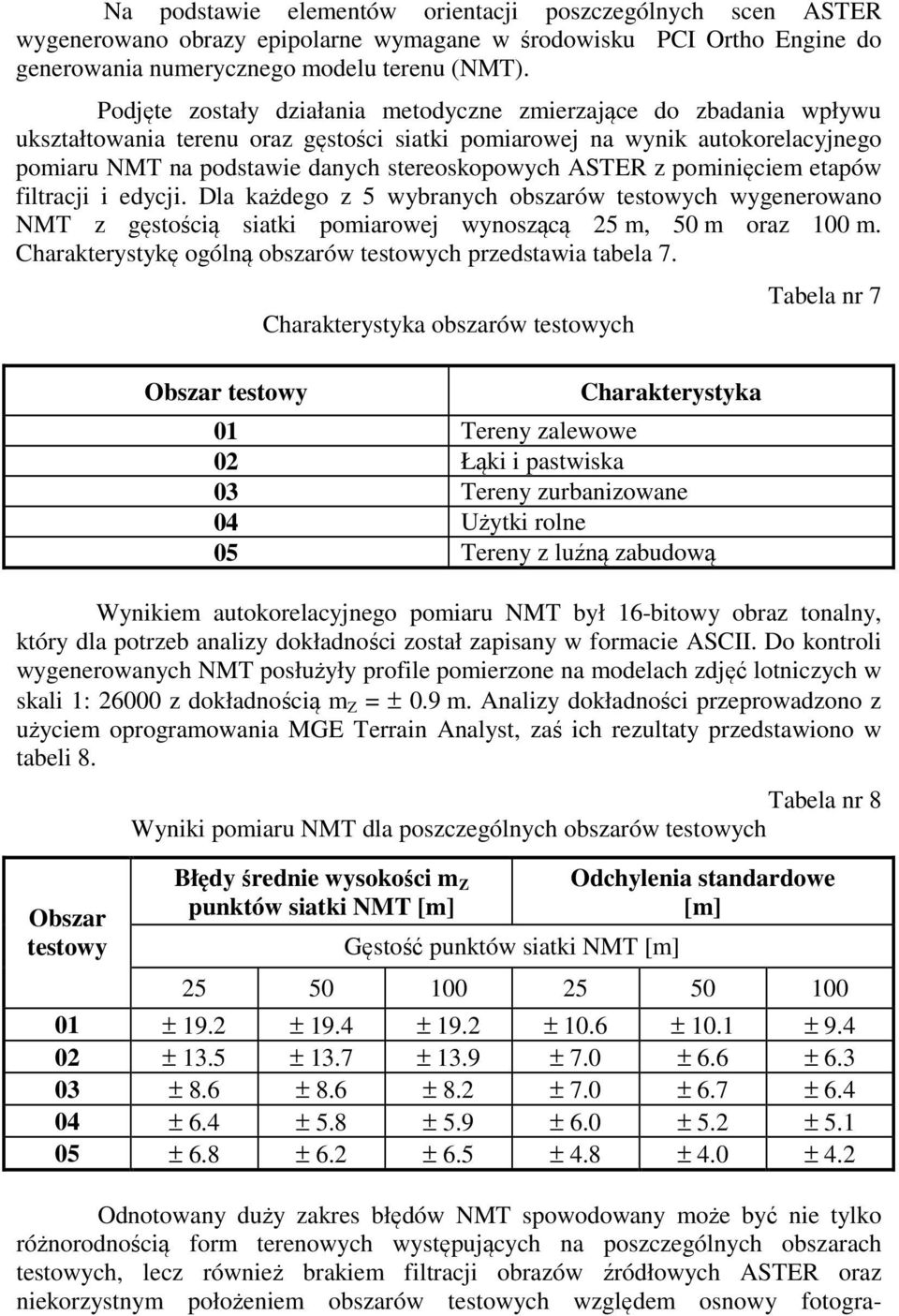 ASTER z pominięciem etapów filtracji i edycji. Dla każdego z 5 wybranych obszarów testowych wygenerowano NMT z gęstością siatki pomiarowej wynoszącą 25 m, 50 m oraz 100 m.