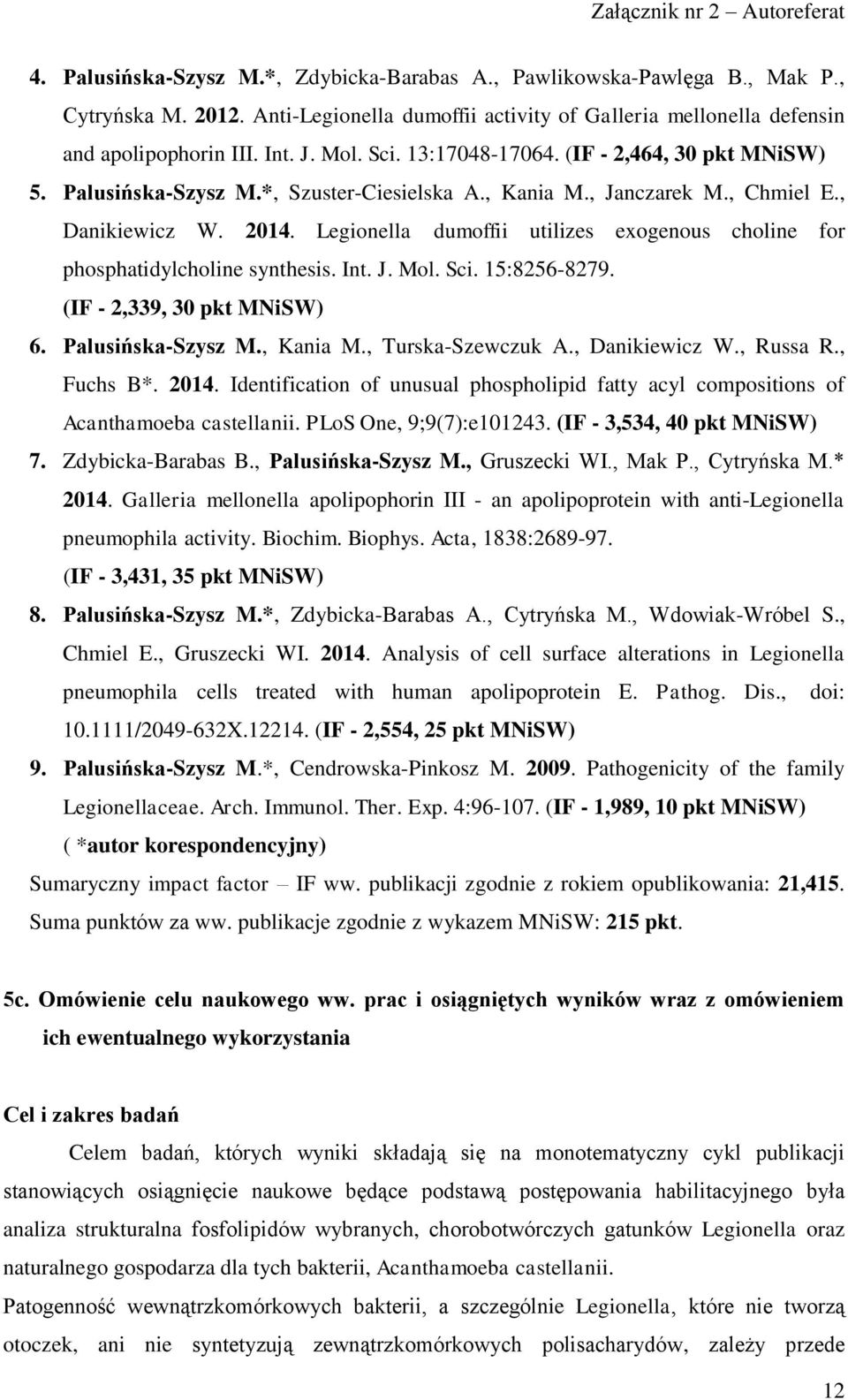 Legionella dumoffii utilizes exogenous choline for phosphatidylcholine synthesis. Int. J. Mol. Sci. 15:8256-8279. (IF - 2,339, 30 pkt MNiSW) 6. Palusińska-Szysz M., Kania M., Turska-Szewczuk A.
