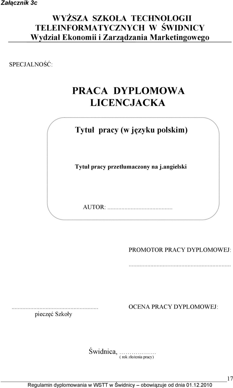 języku polskim) Tytuł pracy przetłumaczony na j.angielski AUTOR:.