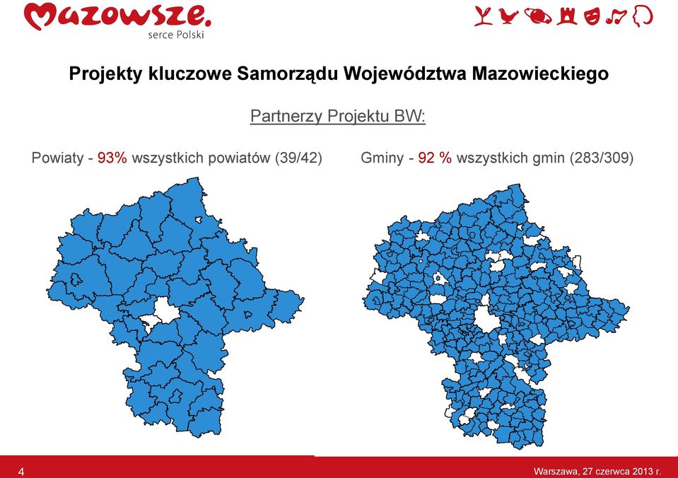 93% wszystkich powiatów (39/42) Gminy - 92 %