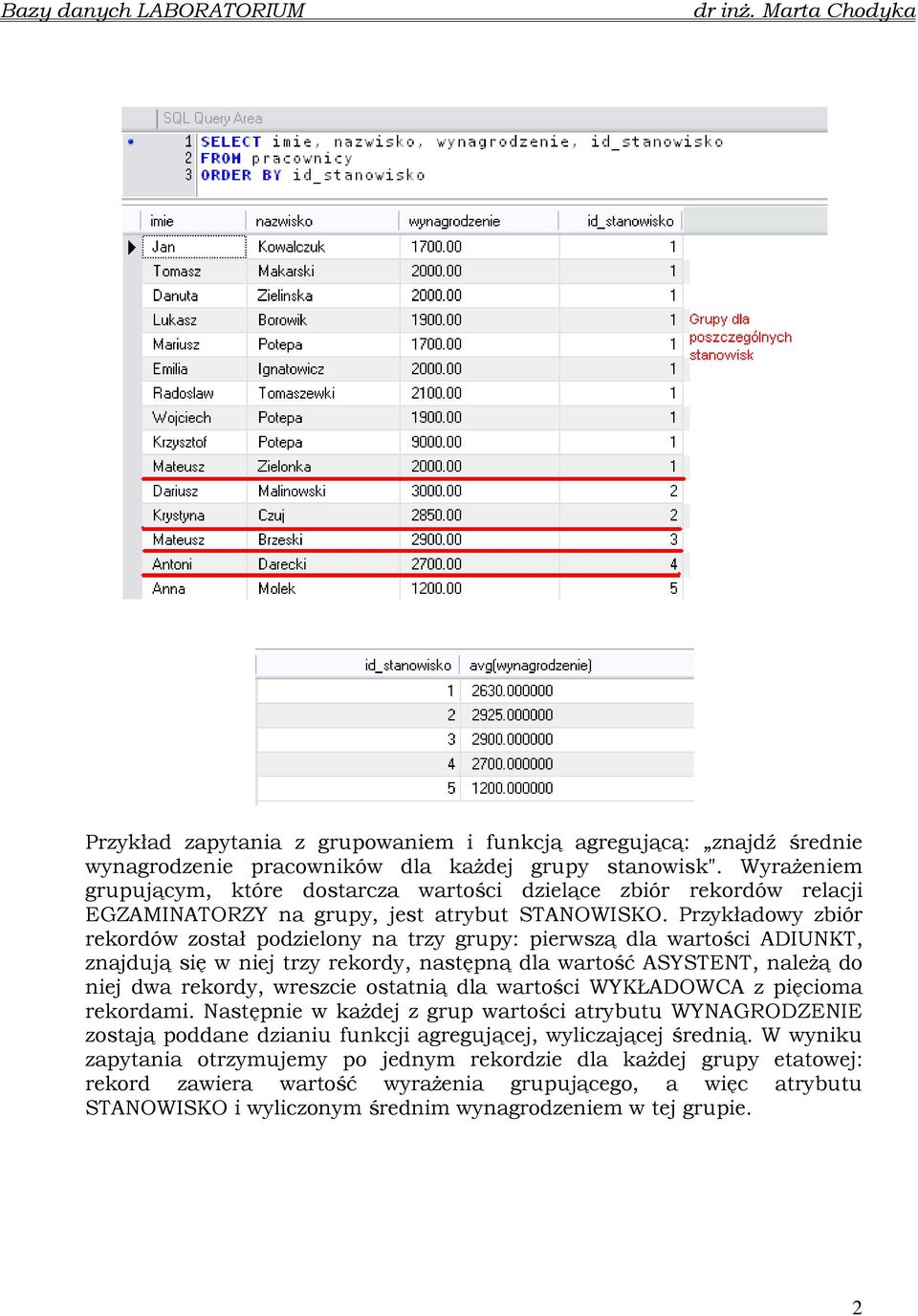 Przykładowy zbiór rekordów został podzielony na trzy grupy: pierwszą dla wartości ADIUNKT, znajdują się w niej trzy rekordy, następną dla wartość ASYSTENT, naleŝą do niej dwa rekordy, wreszcie