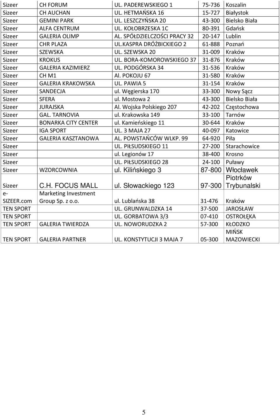SZEWSKA 20 31-009 Kraków Sizeer KROKUS UL. BORA-KOMOROWSKIEGO 37 31-876 Kraków Sizeer GALERIA KAZIMIERZ UL. PODGÓRSKA 34 31-536 Kraków Sizeer CH M1 Al.