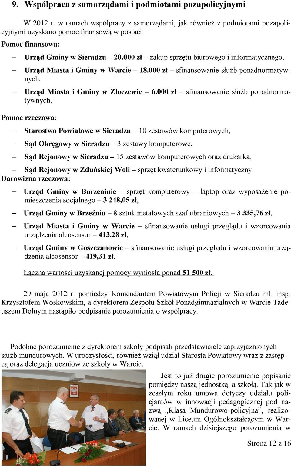 000 zł zakup sprzętu biurowego i informatycznego, Urząd Miasta i Gminy w Warcie 18.000 zł sfinansowanie służb ponadnormatywnych, Urząd Miasta i Gminy w Złoczewie 6.
