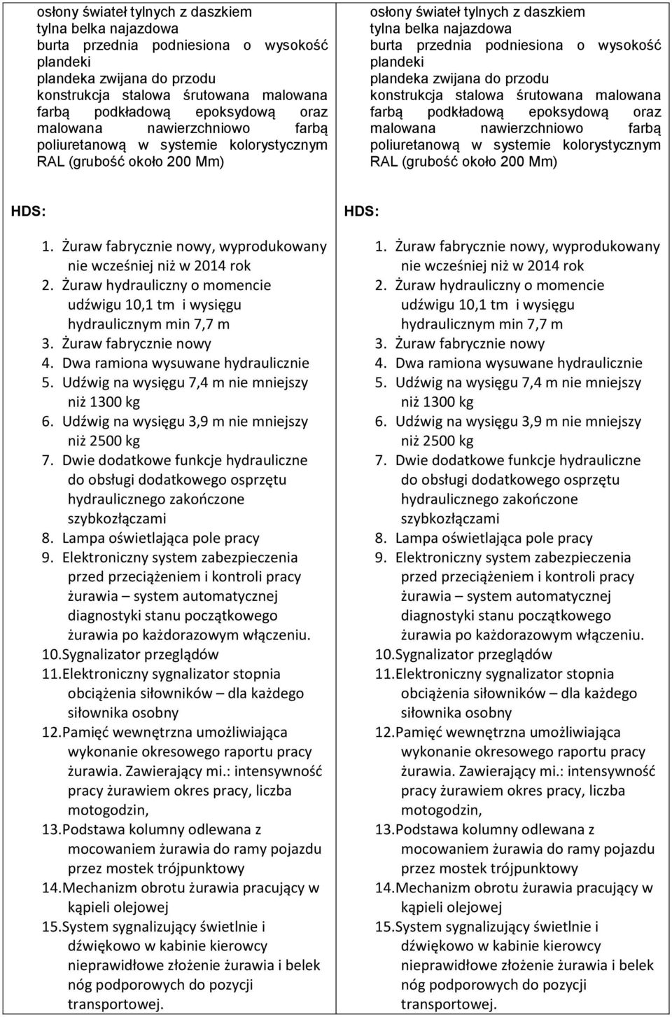 200 Mm) HDS: 1. Żuraw fabrycznie nowy, wyprodukowany nie wcześniej niż w 2014 rok 2. Żuraw hydrauliczny o momencie udźwigu 10,1 tm i wysięgu hydraulicznym min 7,7 m 3. Żuraw fabrycznie nowy 4.