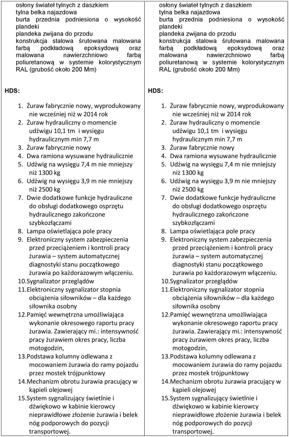 200 Mm) HDS: 1. Żuraw fabrycznie nowy, wyprodukowany nie wcześniej niż w 2014 rok 2. Żuraw hydrauliczny o momencie udźwigu 10,1 tm i wysięgu hydraulicznym min 7,7 m 3. Żuraw fabrycznie nowy 4.