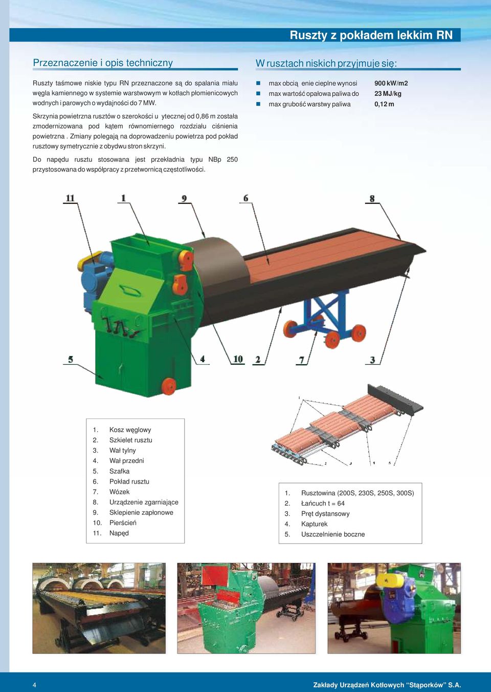 max obciążeie cieple wyosi max wartość opałowa paliwa do max grubość warstwy paliwa 900 kw/m2 2 MJ/kg 0,12 m Skrzyia powietrza rusztów o szerokości użyteczej od 0,86 m została zmoderizowaa pod kątem