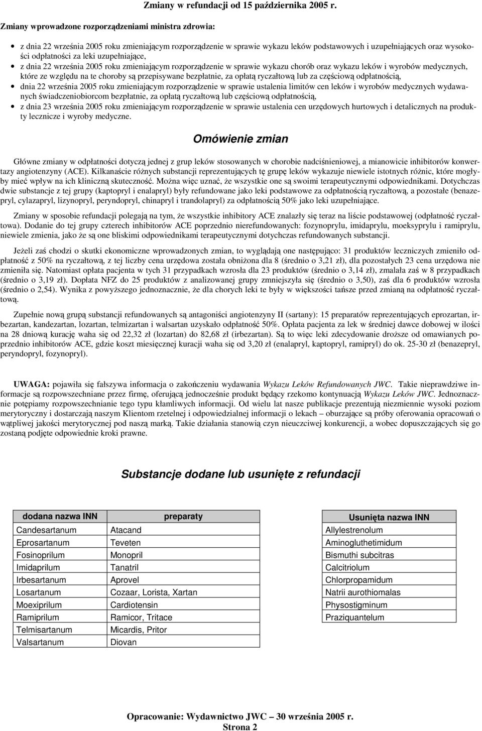 rozporzdzenie w sprawie wykazu chorób oraz wykazu leków i wyrobów medycznych, które ze wzgldu na te choroby s przepisywane bezpłatnie, za opłat ryczałtow lub za czciow ci, dnia 22 wrzenia 2005 roku