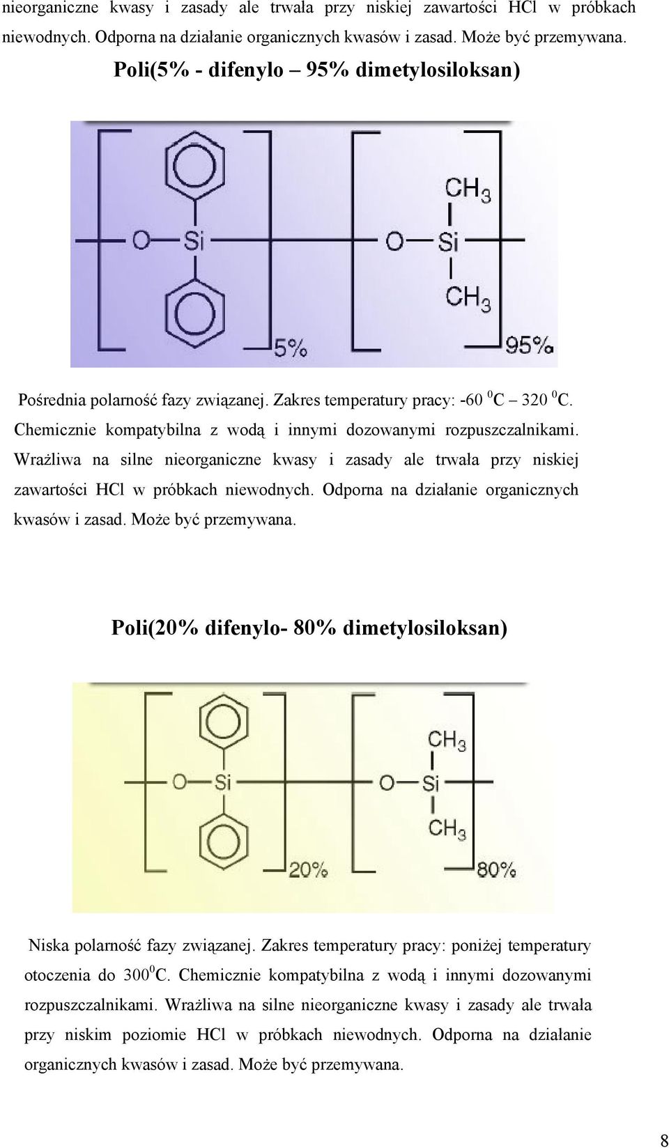 Wrażliwa na silne  Poli(20% difenylo- 80% dimetylosiloksan) Niska polarność fazy związanej. Zakres temperatury pracy: poniżej temperatury otoczenia do 300 0 C.