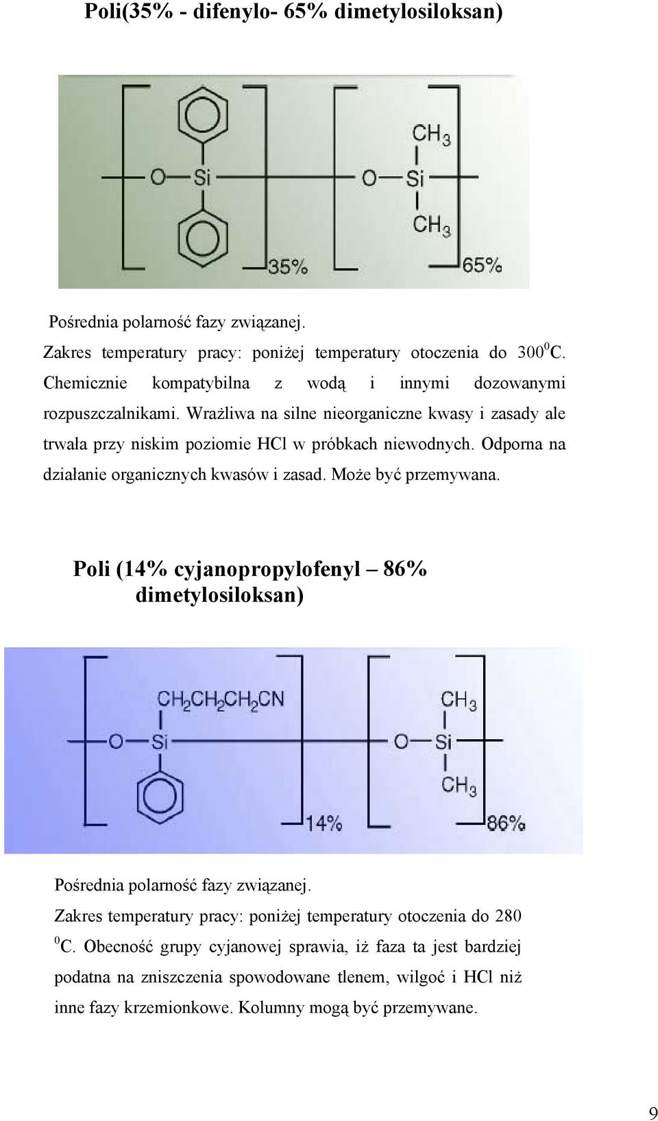 Odporna na działanie organicznych kwasów i zasad. Może być przemywana. Poli (14% cyjanopropylofenyl 86% dimetylosiloksan) Pośrednia polarność fazy związanej.