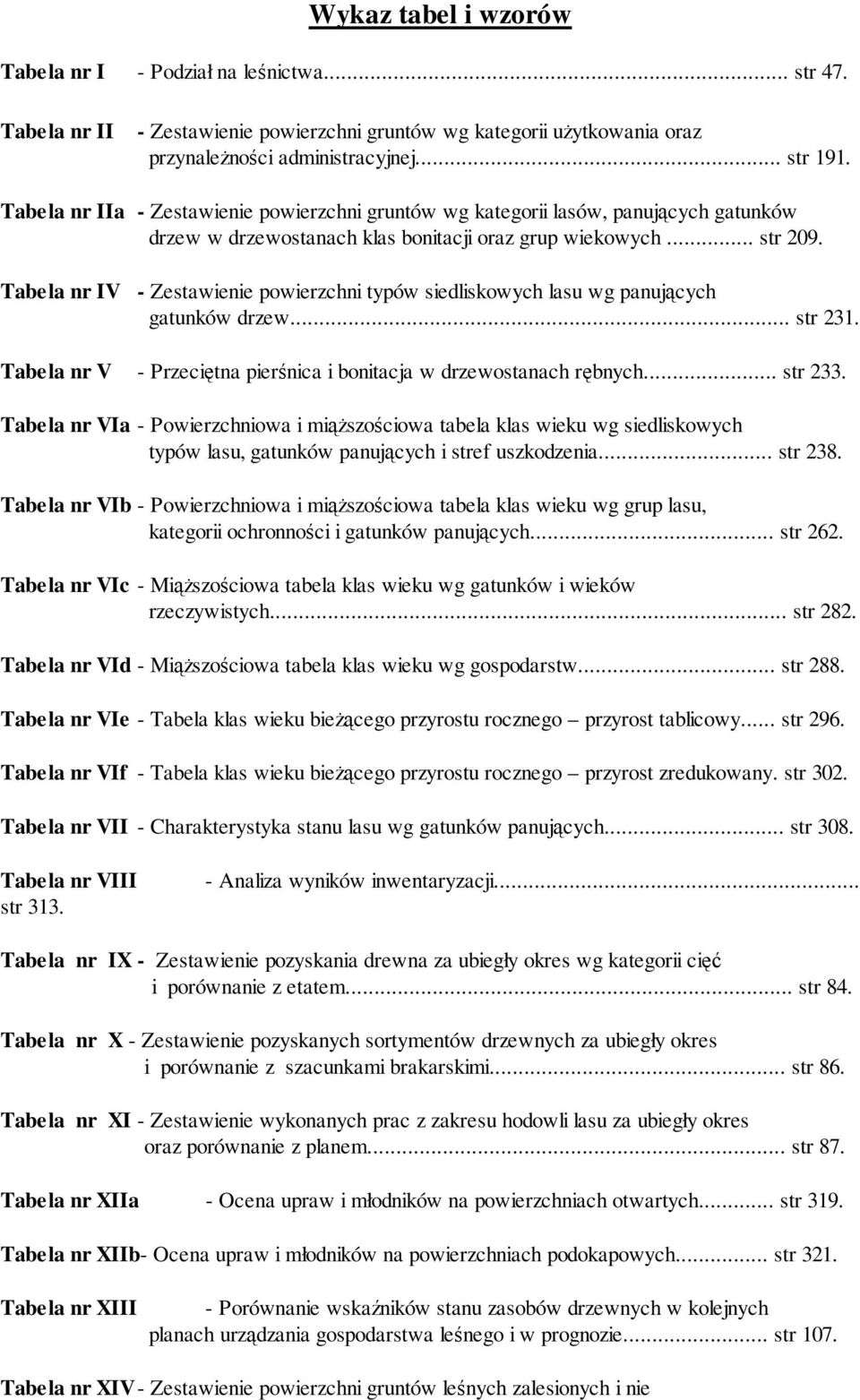 Tabela nr IV - Zestawienie powierzchni typów siedliskowych lasu wg panujących gatunków drzew... str 231. Tabela nr V - Przeciętna pierśnica i bonitacja w drzewostanach rębnych... str 233.