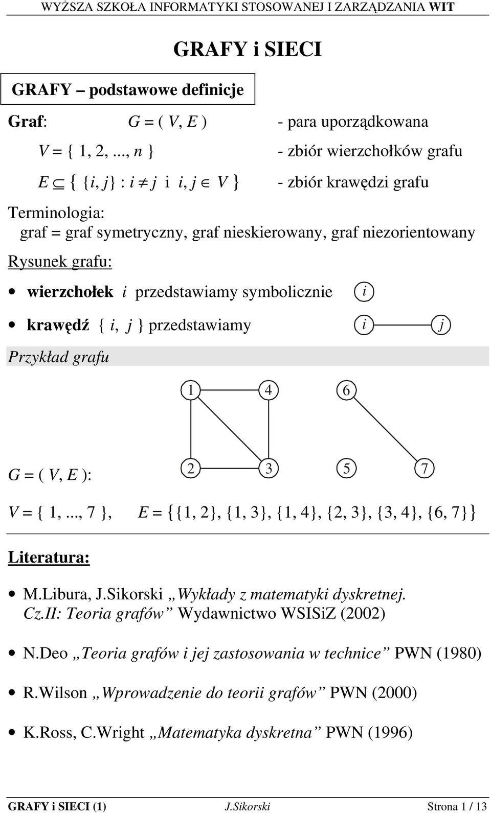 wierzchołek i przedstwimy symbolicznie krwędź { i, j } przedstwimy i j Przykłd grfu i G = ( V, E ): 7 V = {,..., 7 }, E = {{, }, {, }, {, }, {, }, {, }, {, 7}} Litertur: M.