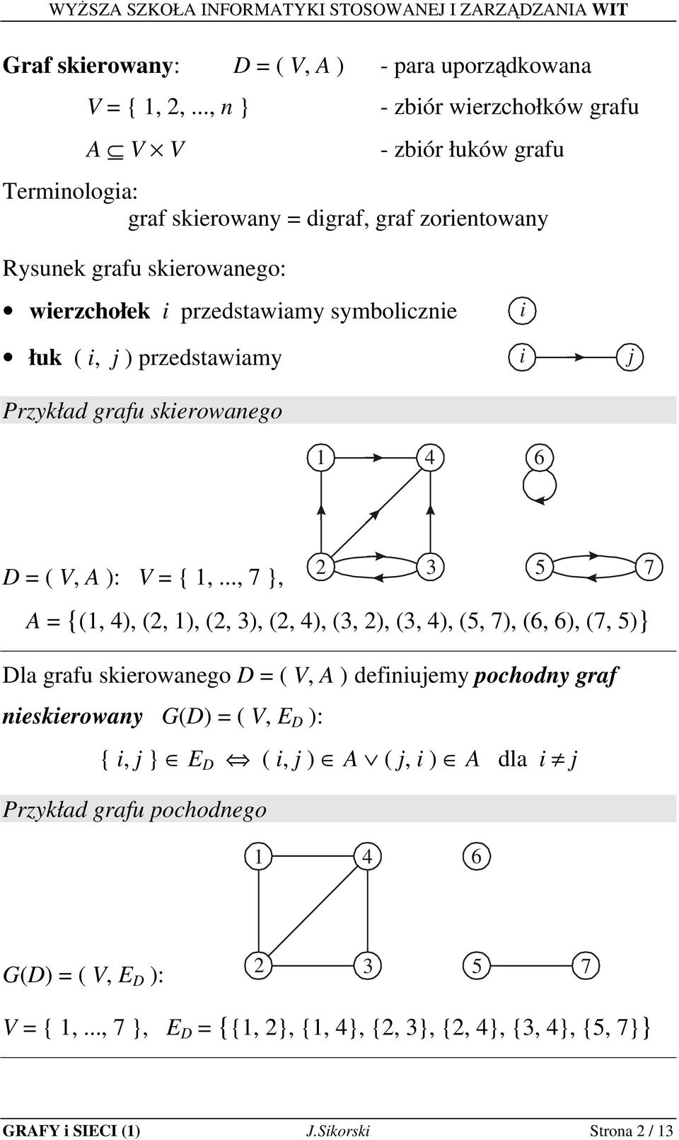 symbolicznie łuk ( i, j ) przedstwimy Przykłd grfu skierownego i i j 7 D = ( V, A ): V = {,.