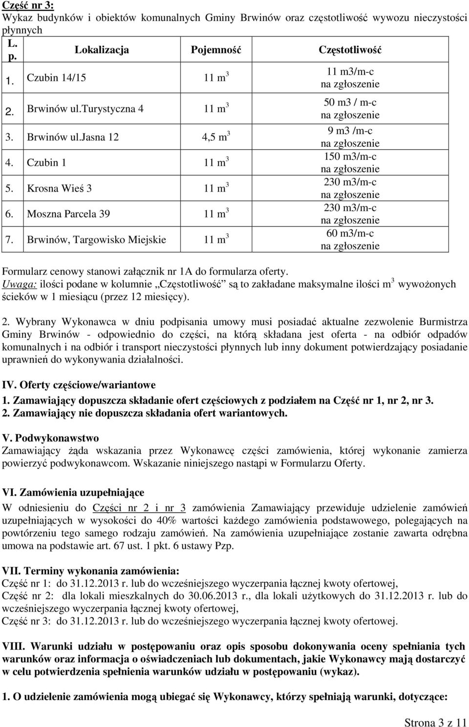 Brwinów, Targowisko Miejskie 11 m 3 60 m3/m-c Formularz cenowy stanowi załącznik nr 1A do formularza oferty.