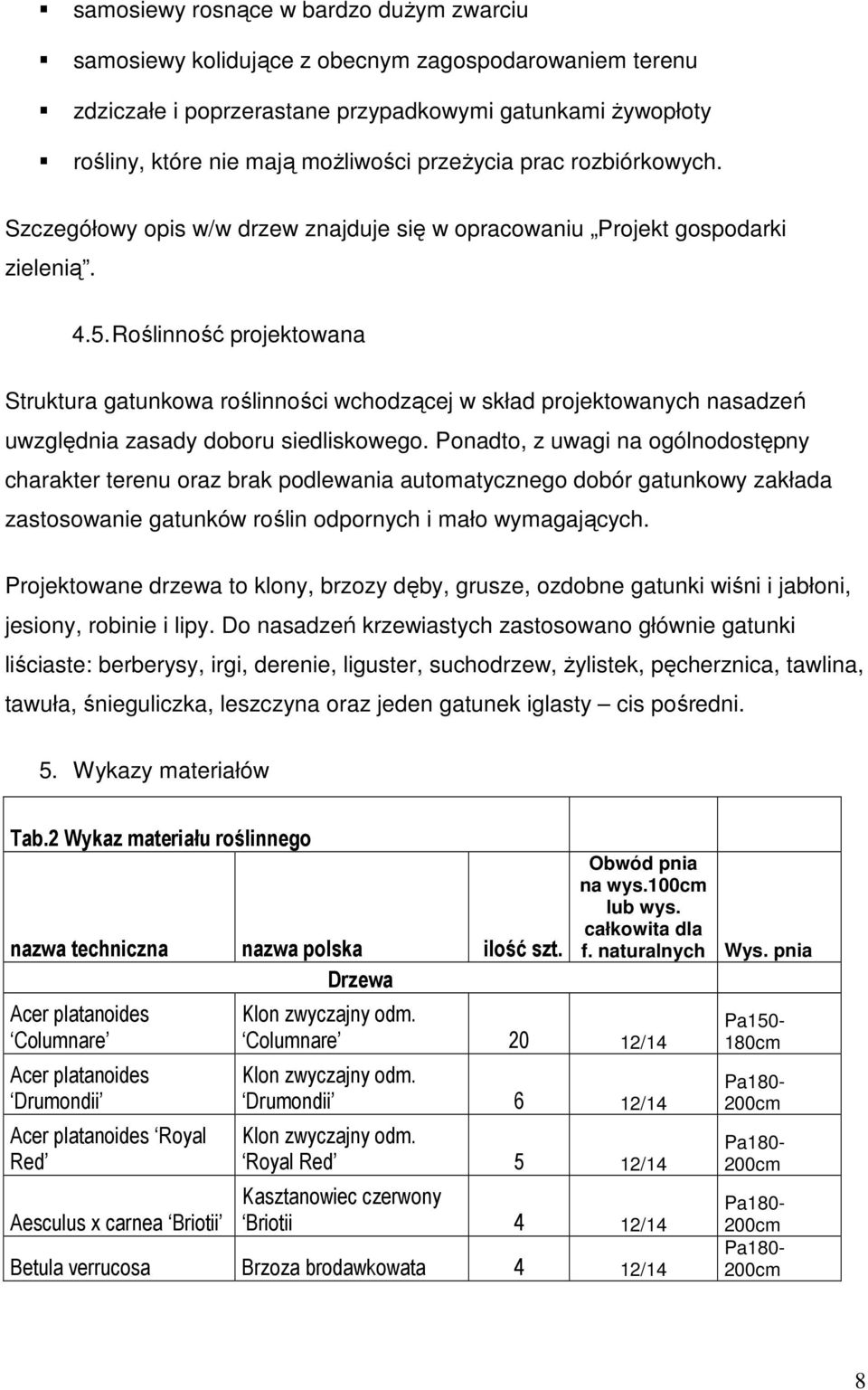 Roślinność projektowana Struktura gatunkowa roślinności wchodzącej w skład projektowanych nasadzeń uwzględnia zasady doboru siedliskowego.