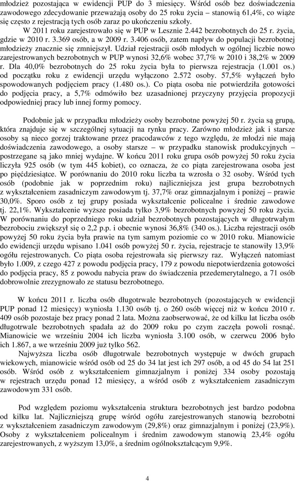W 2011 roku zarejestrowało się w PUP w Lesznie 2.442 bezrobotnych do 25 r. życia, gdzie w 2010 r. 3.369 osób, a w 2009 r. 3.406 osób, zatem napływ do populacji bezrobotnej młodzieży znacznie się zmniejszył.