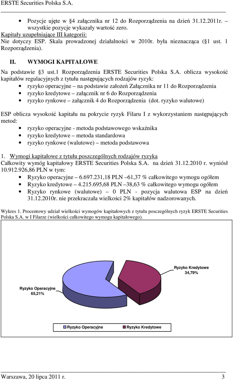 ITAŁOWE Na podstawie 3 ust.1 Rozporządzenia ERSTE Securities Polska S.A. oblicza wysokość kapitałów regulacyjnych z tytułu następujących rodzajów ryzyk: ryzyko operacyjne na podstawie założeń