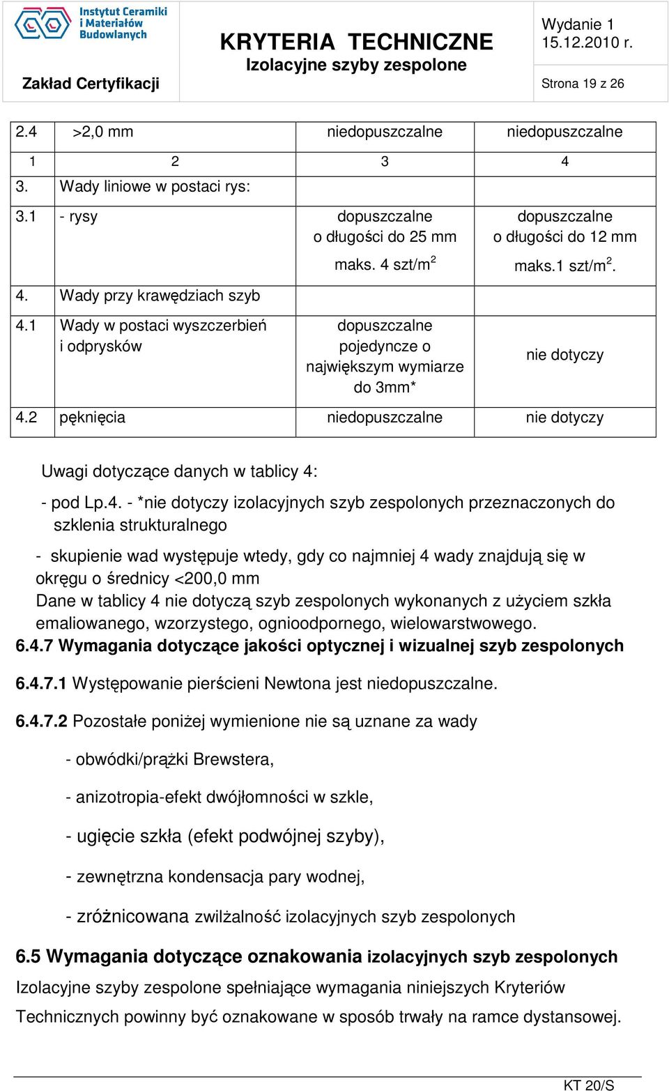 2 pęknięcia niedopuszczalne nie dotyczy Uwagi dotyczące danych w tablicy 4: