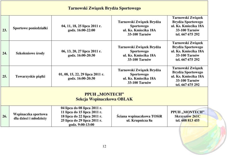 Towarzyskie piątki 01, 08, 15, 22, 29 lipca 2011 r. godz. 16:00-20:30 Tarnowski Związek BrydŜa Sportowego Tarnowski Związek BrydŜa Sportowego tel.